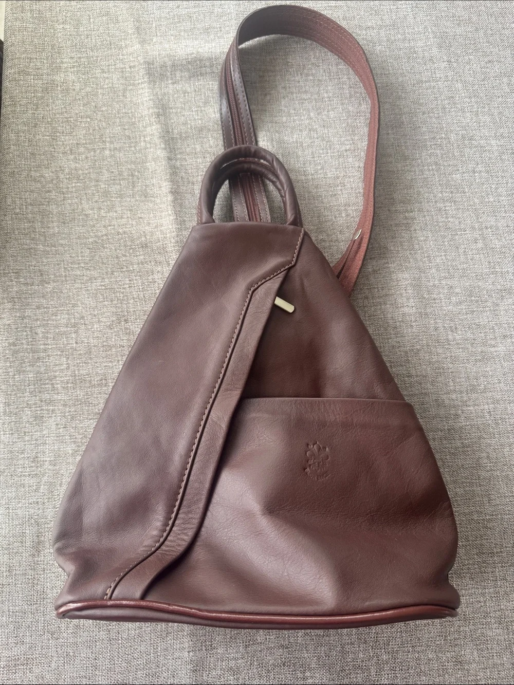 Italian Brown Leather Sling Backpack - Embossed Logo